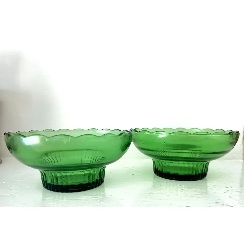 Pair E O Brody Green Glass M2000 Pedestal Candy Dishes Cleveland Ohio Vintage